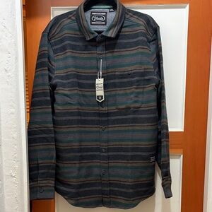 VISSLA Striped Button Down Shirt - Black, Green, and Brown